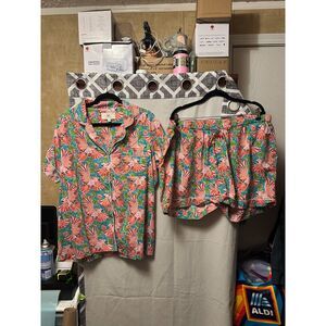 NOWT Print Fresh Tropical Print Pajama Set Short Sleeve Button Up Shorts Size 1X